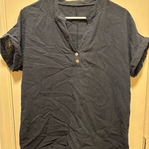 Black Linen Short Sleeve Henley Top